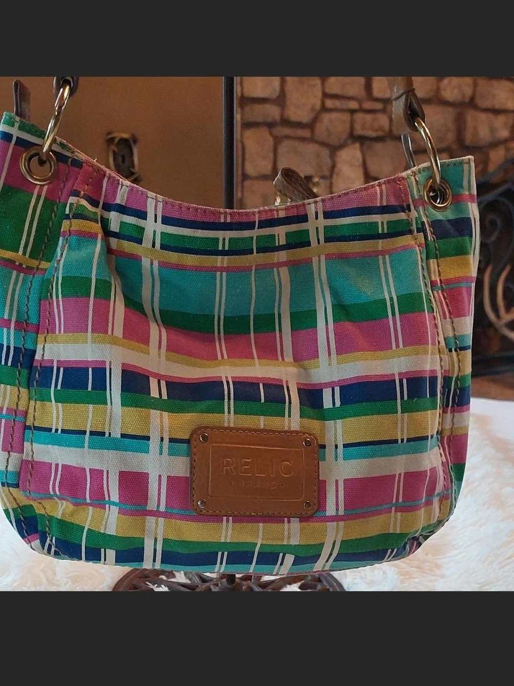 Relic by Fossil Multicolor Madras Plaid Canvas Crossbody Bag